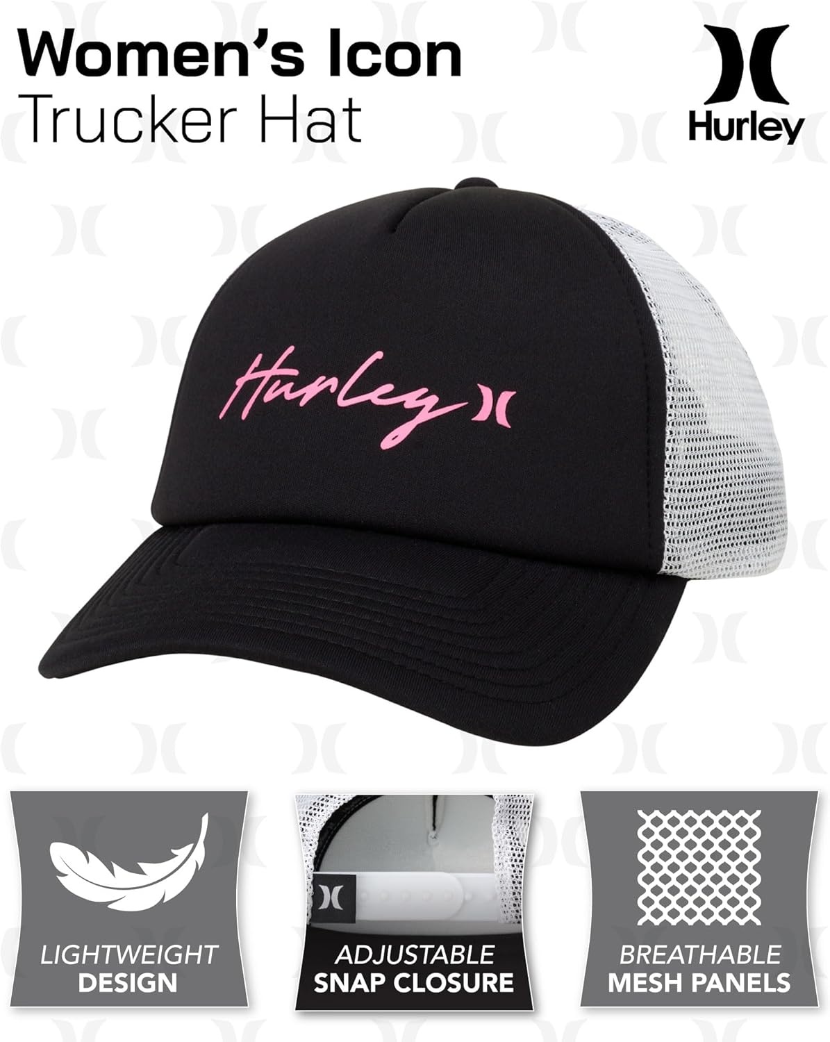 Hurley Womens Trucker Hat – Curved Brim Lightweight Mesh Adjustable Snapback Summer Baseball Cap for Women(Pink Glow)