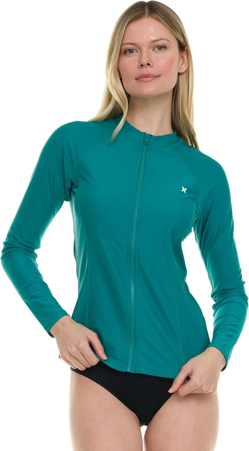 Hurley Rash Guard for Women Full Zip, Zip Up Long Sleeve Swim Shirts for Women, Surfing Top UPF 50+ SPF Sun & UV Protection(Emerald)