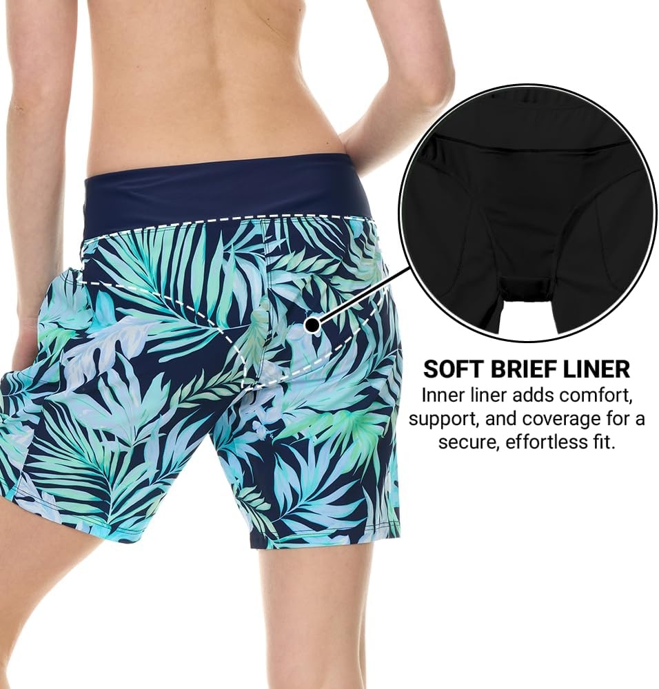 Hurley 5″/7″ High Waisted Swim Shorts Women, Board Shorts with Pockets & Inner Liner, Quick Dry Swim Trunk, UPF 50+(Blue Multi)