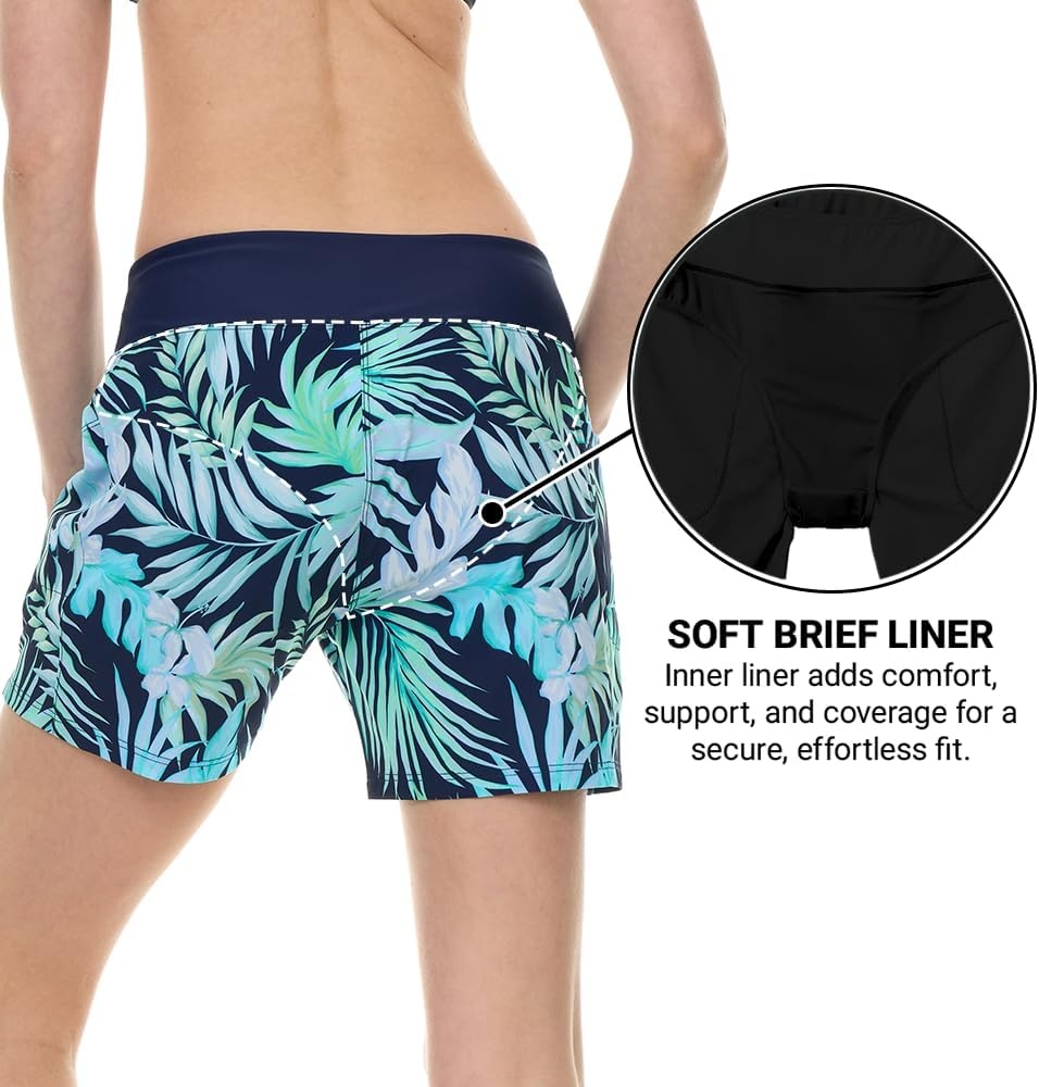 Hurley 5″/7″ High Waisted Swim Shorts Women, Board Shorts with Pockets & Inner Liner, Quick Dry Swim Trunk, UPF 50+(Blue Multi)