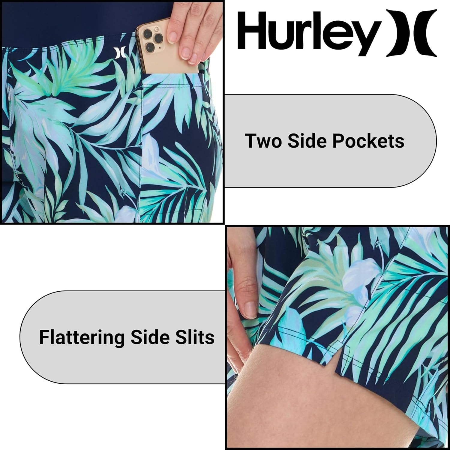 Hurley 5″/7″ High Waisted Swim Shorts Women, Board Shorts with Pockets & Inner Liner, Quick Dry Swim Trunk, UPF 50+(Blue Multi)
