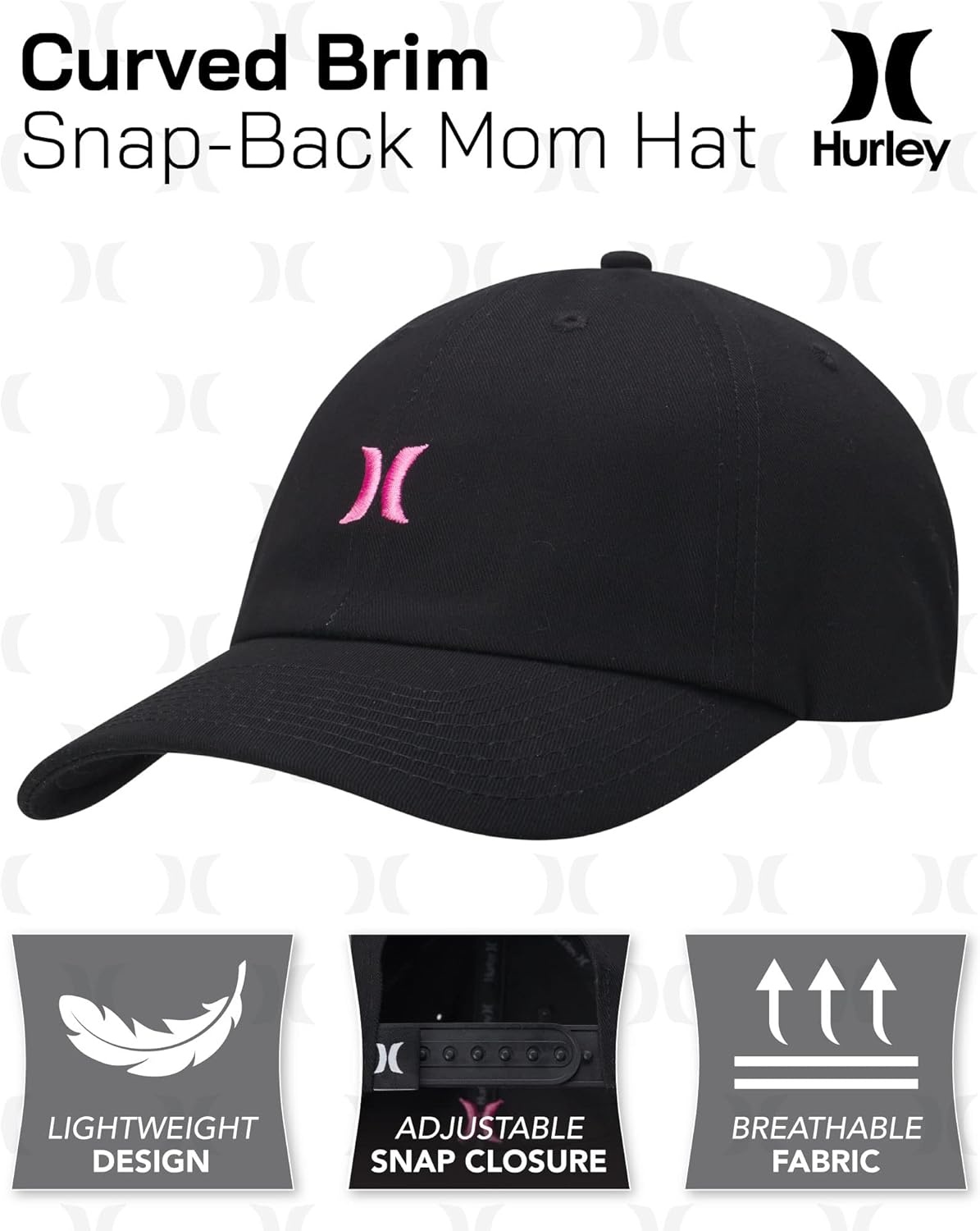 Hurley Women’s Baseball Cap – Curved Brim Mom Iconic Trucker Hats for Women(Black/Pink)
