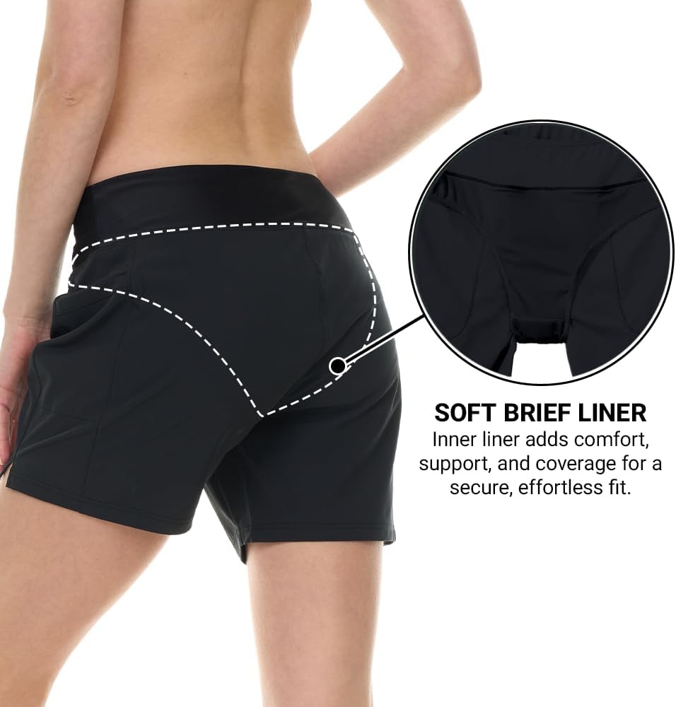 Hurley 5″/7″ High Waisted Swim Shorts Women, Board Shorts with Pockets & Inner Liner, Quick Dry Swim Trunk, UPF 50+(Black)
