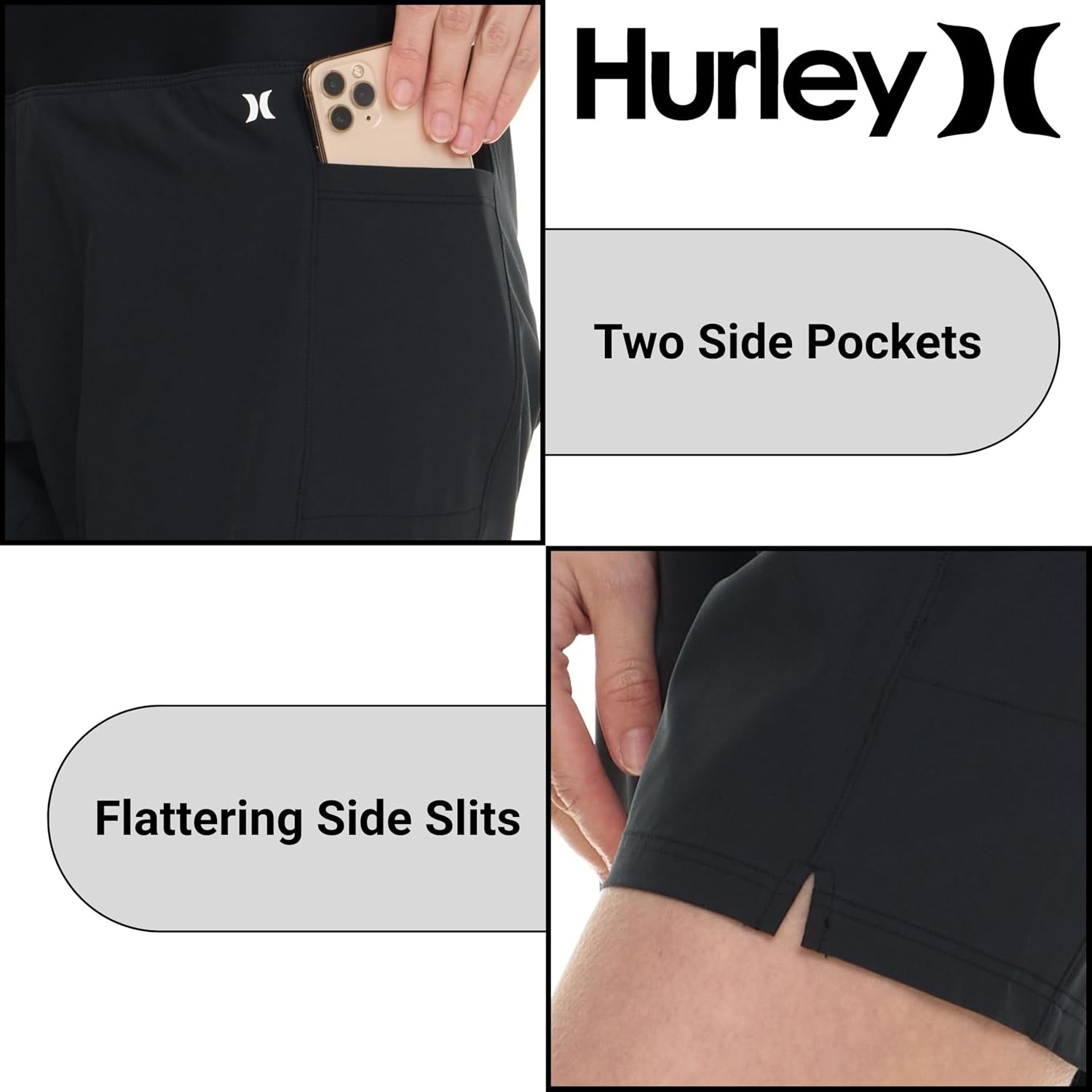 Hurley 5″/7″ High Waisted Swim Shorts Women, Board Shorts with Pockets & Inner Liner, Quick Dry Swim Trunk, UPF 50+(Black)