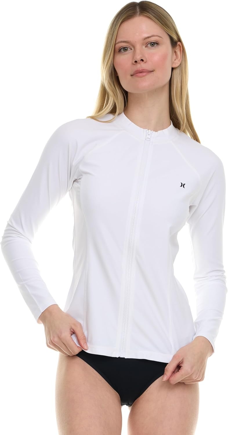 Hurley Rash Guard for Women Full Zip, Zip Up Long Sleeve Swim Shirts for Women, Surfing Top UPF 50+ SPF Sun & UV Protection(White)