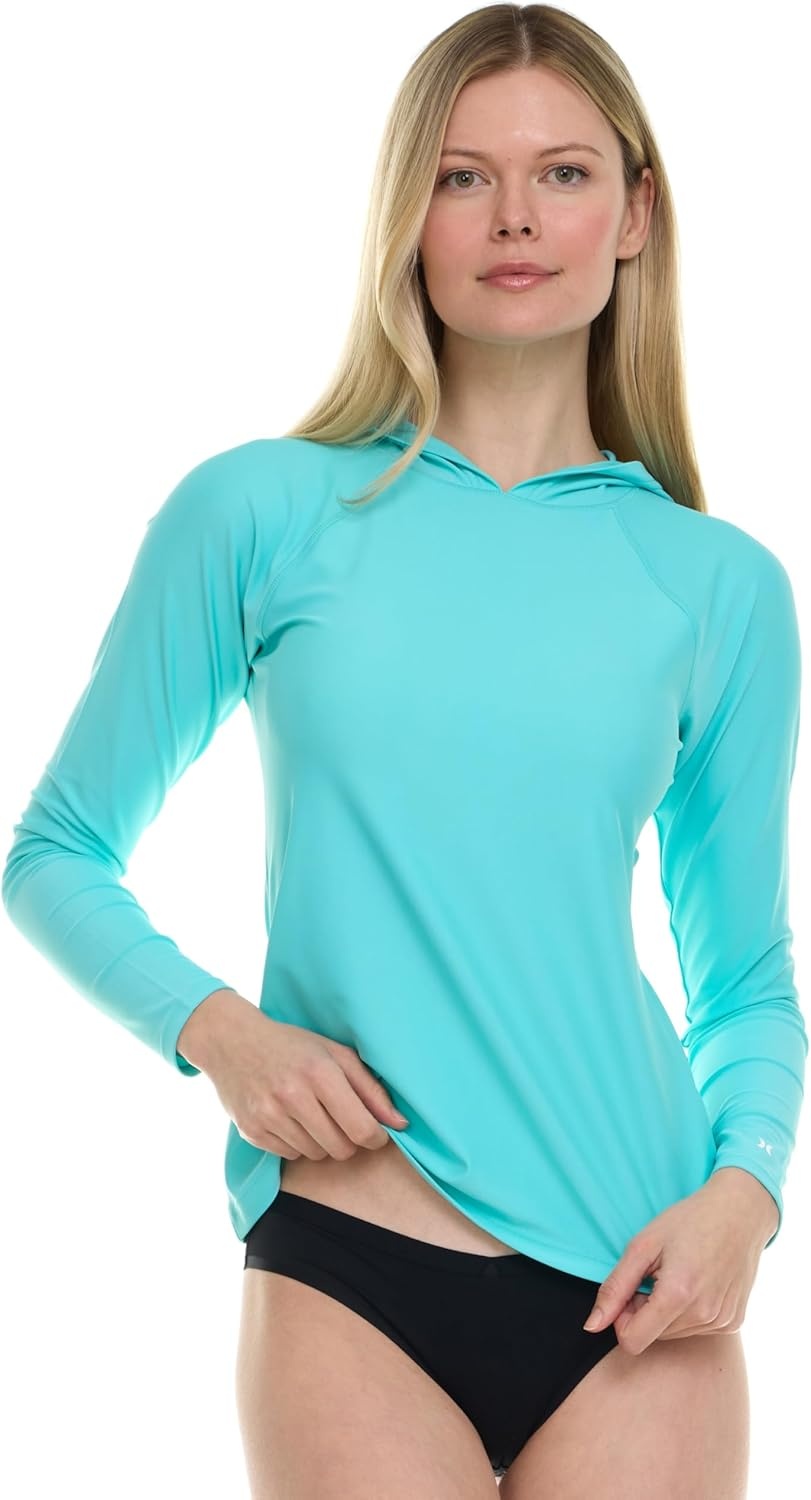 Hurley Rash Guard for Women with Hood, Long Sleeve Hoodie Swim Shirts for Women, Quick Dry UPF 50+ SPF Sun & UV Protection(Light Blue)