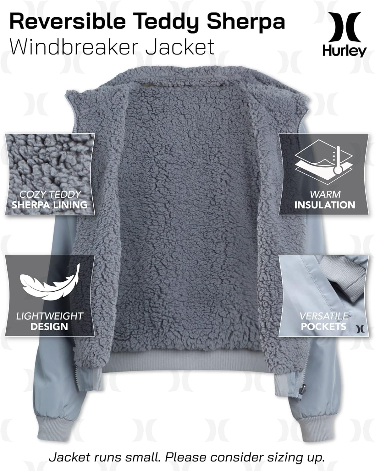 Hurley Women’s Jacket – Reversible Teddy Sherpa Bomber Jacket – Lightweight Windbreaker Coat for Women (S-XL)