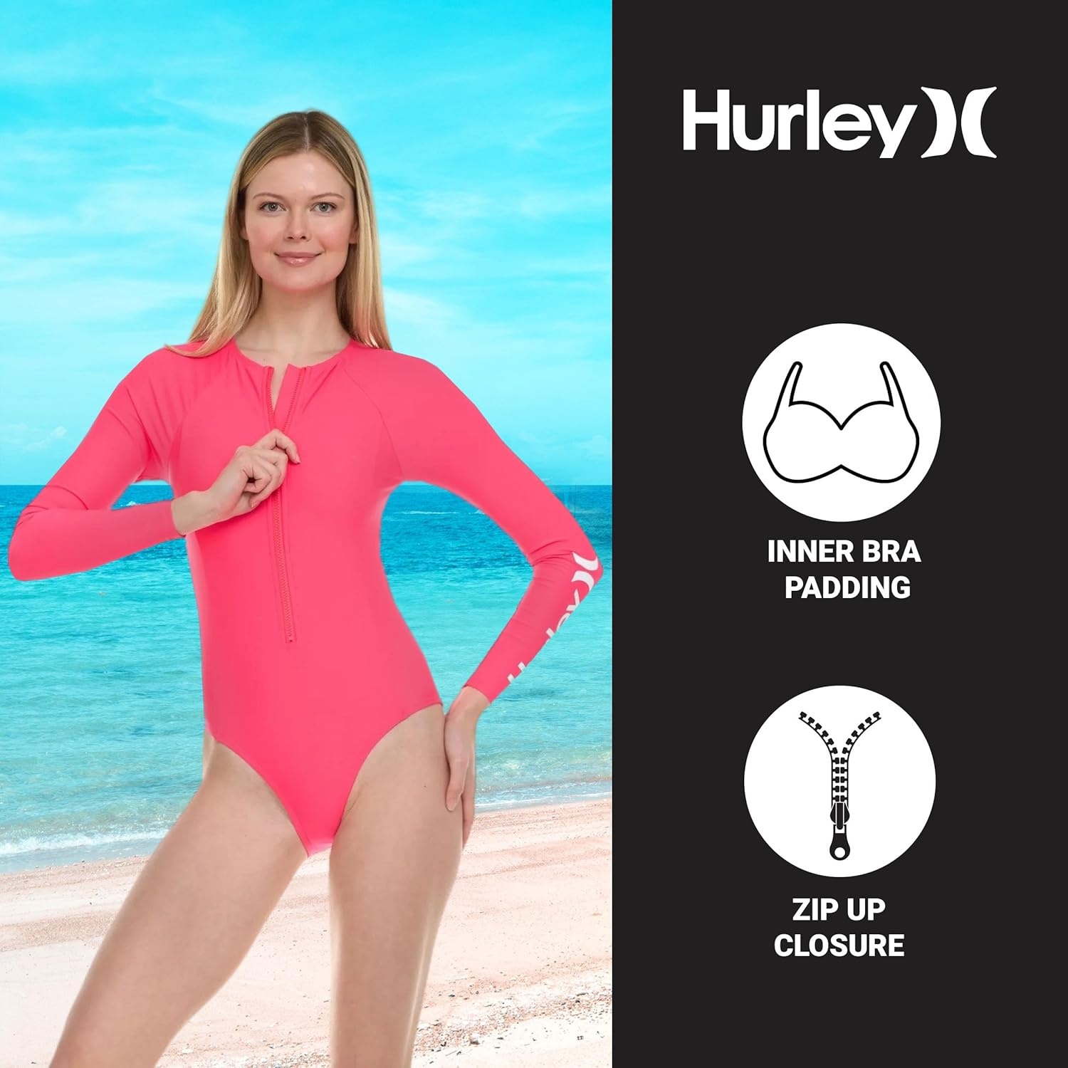 Hurley Long Sleeve Womens One Piece Swimsuits, Swimsuit for Women, Bathing Suit for Women, Swim Suit UPF 50+ SPF UV Protected(Melon)