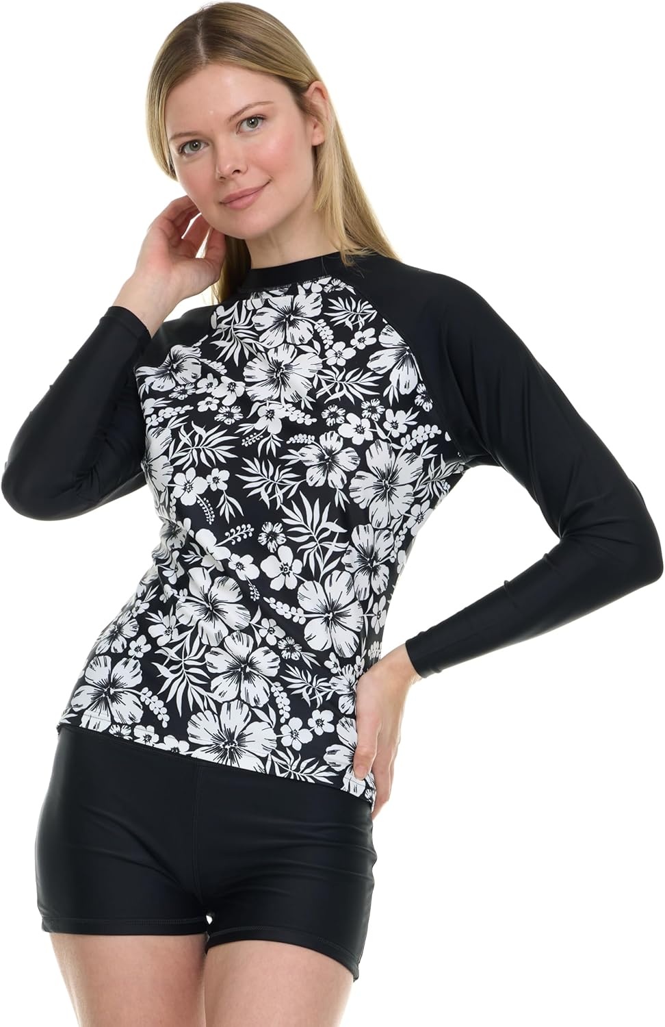 Hurley Womens Two Piece Rash Guard & Swim Shorts, Long Sleeve Swim Shirt, Quick Dry Swimsuits UPF 50+ SPF Sun & UV Protection(Black/Hibiscus)