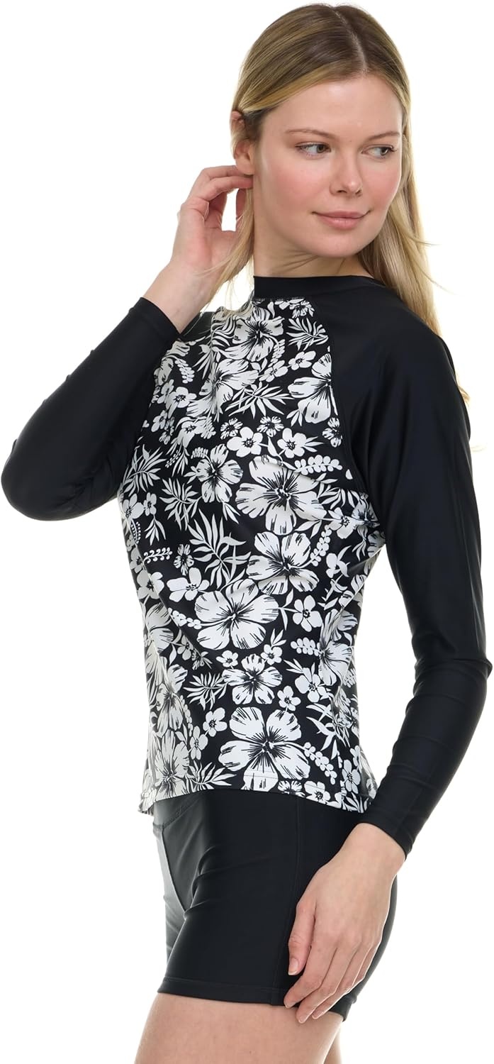 Hurley Womens Two Piece Rash Guard & Swim Shorts, Long Sleeve Swim Shirt, Quick Dry Swimsuits UPF 50+ SPF Sun & UV Protection(Black/Hibiscus)