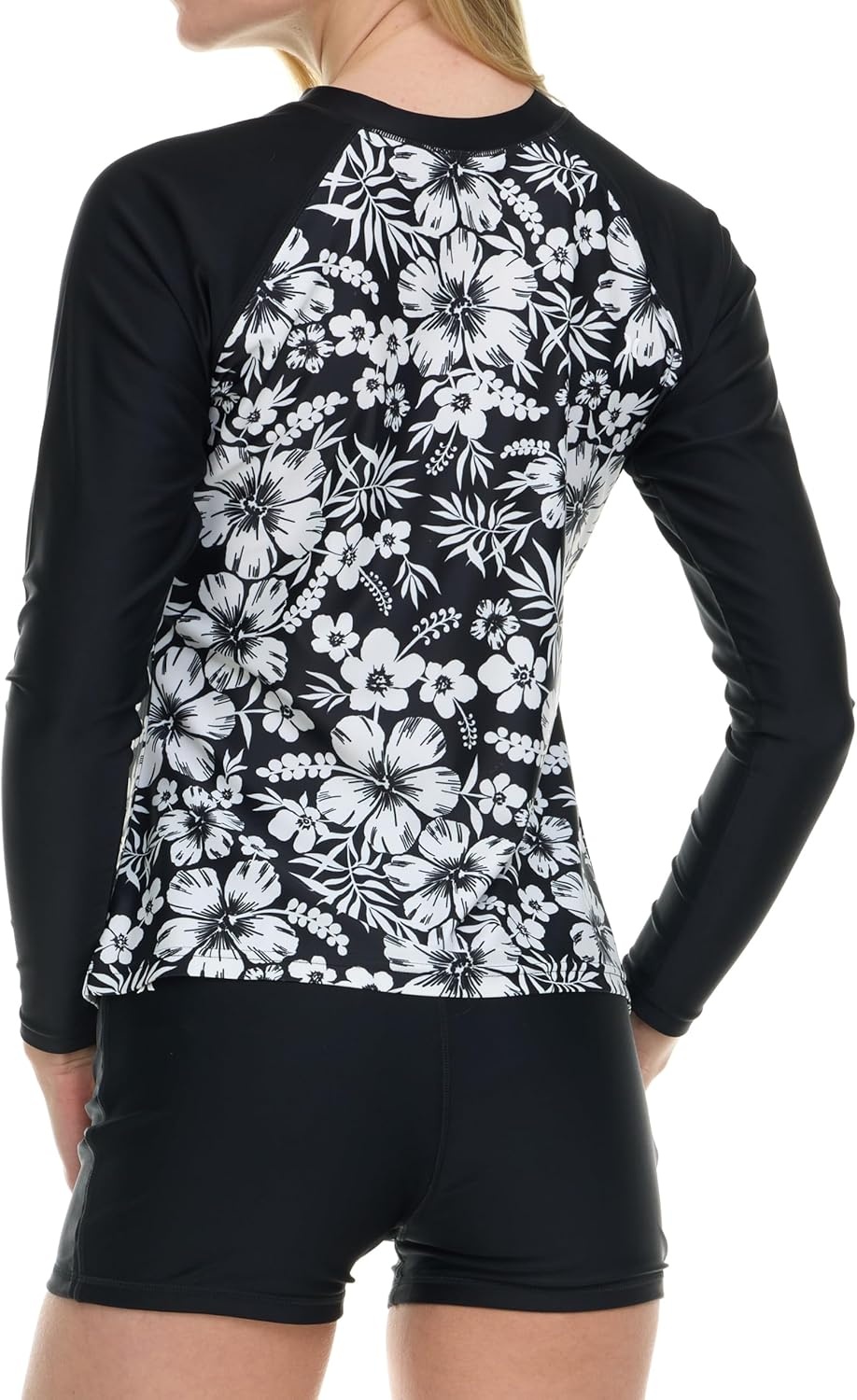 Hurley Womens Two Piece Rash Guard & Swim Shorts, Long Sleeve Swim Shirt, Quick Dry Swimsuits UPF 50+ SPF Sun & UV Protection(Black/Hibiscus)