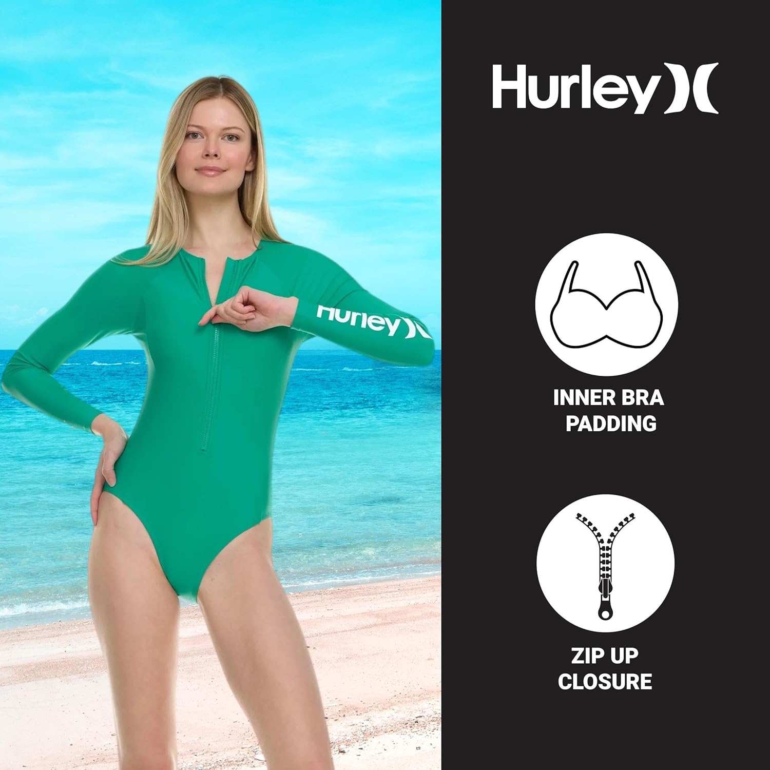 Hurley Long Sleeve Womens One Piece Swimsuits, Swimsuit for Women, Bathing Suit for Women, Swim Suit UPF 50+ SPF UV Protected(Tropical Tree)