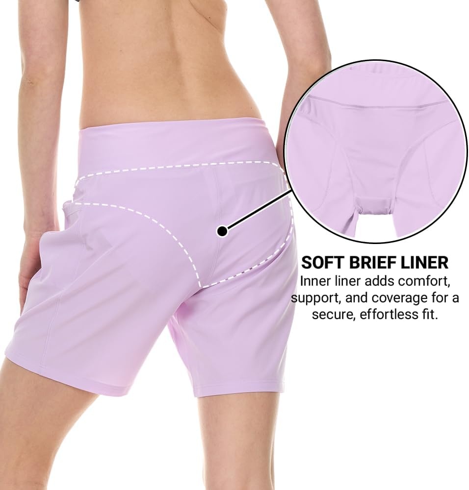Hurley 5″/7″ High Waisted Swim Shorts Women, Board Shorts with Pockets & Inner Liner, Quick Dry Swim Trunk, UPF 50+(Lilac)