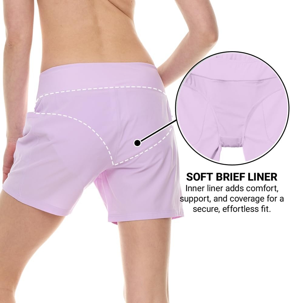 Hurley 5″/7″ High Waisted Swim Shorts Women, Board Shorts with Pockets & Inner Liner, Quick Dry Swim Trunk, UPF 50+(Lilac)