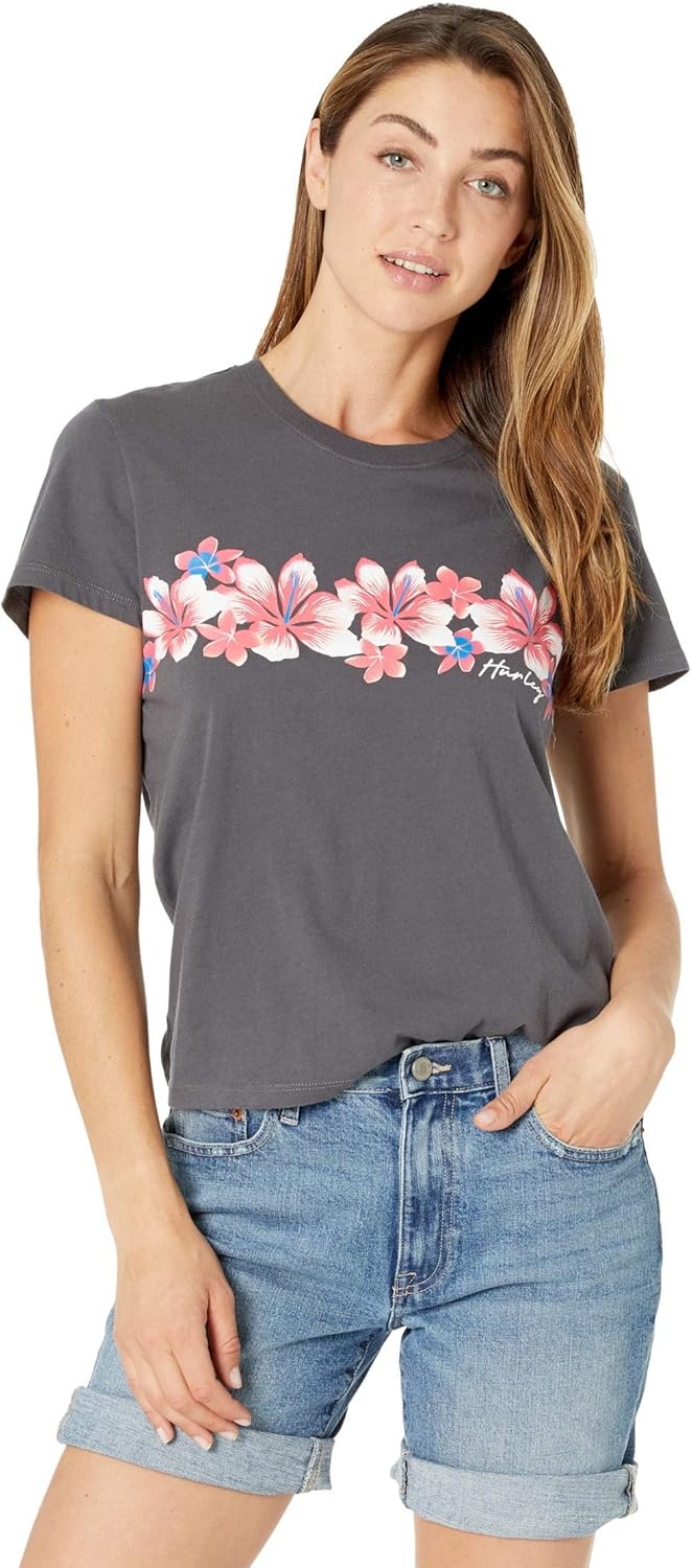 Hurley Womens Cabana Stripe Washed Girlfriend Crew(Thunder Grey)