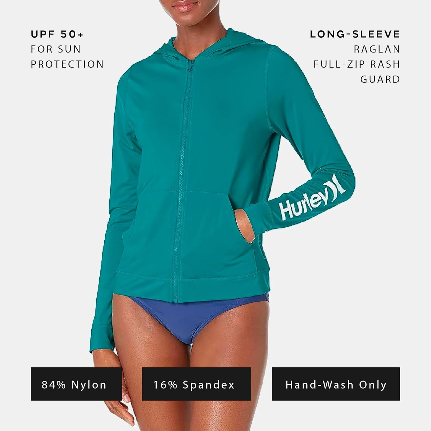Hurley Women’s Hoodie Zip Rashguard(Emerald)
