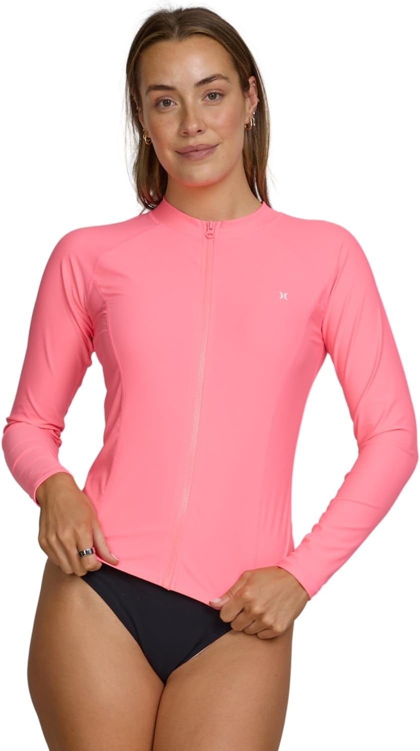 Hurley Rash Guard for Women Full Zip, Zip Up Long Sleeve Swim Shirts for Women, Surfing Top UPF 50+ SPF Sun & UV Protection(Zil Pink)