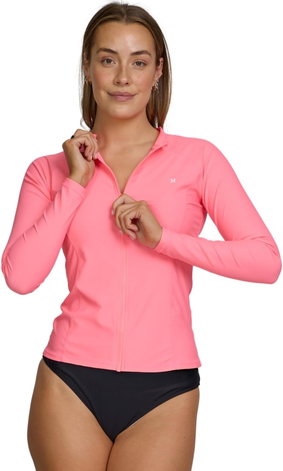 Hurley Rash Guard for Women Full Zip, Zip Up Long Sleeve Swim Shirts for Women, Surfing Top UPF 50+ SPF Sun & UV Protection(Zil Pink)
