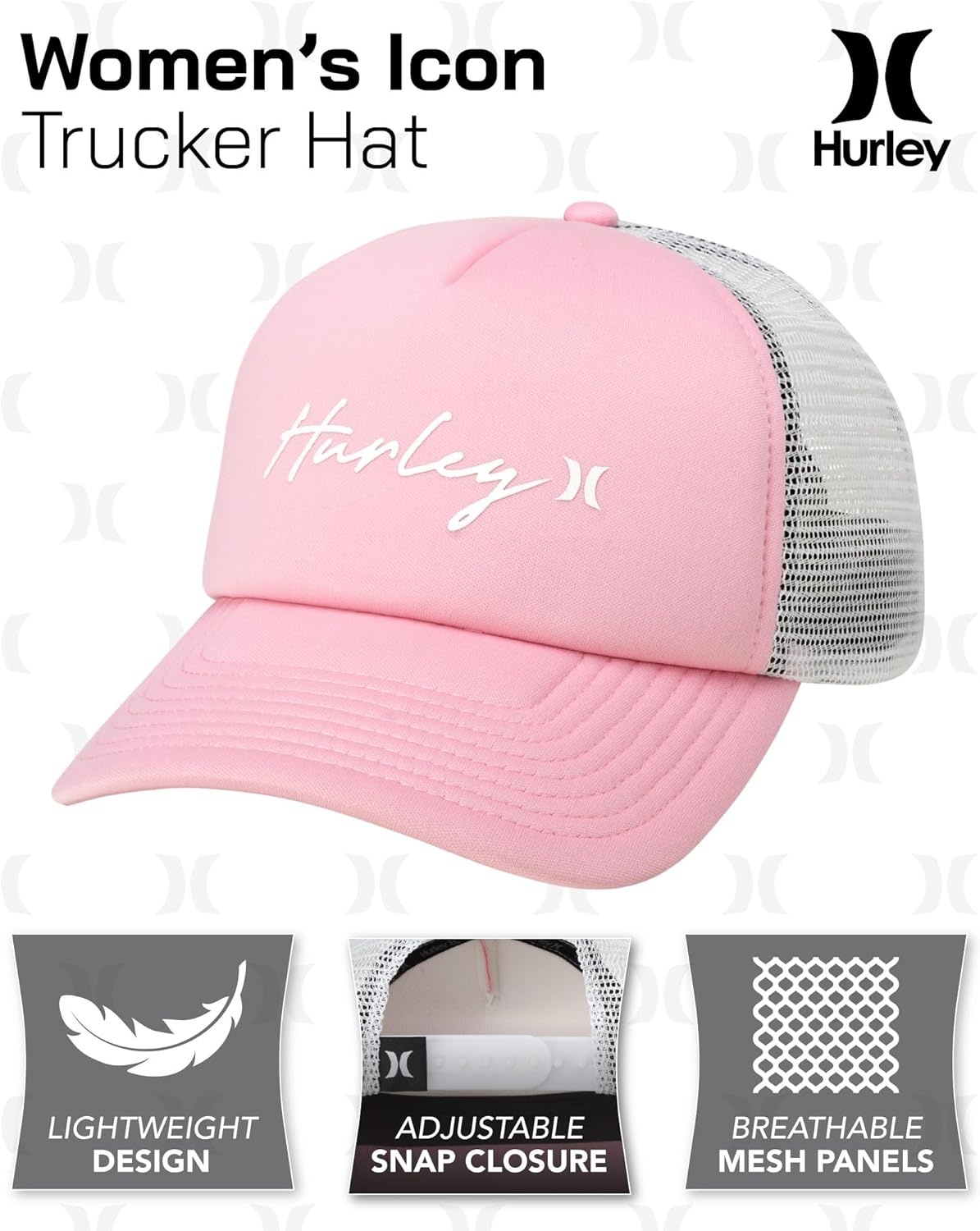 Hurley Womens Trucker Hat – Curved Brim Lightweight Mesh Adjustable Snapback Summer Baseball Cap for Women(Light Pink)