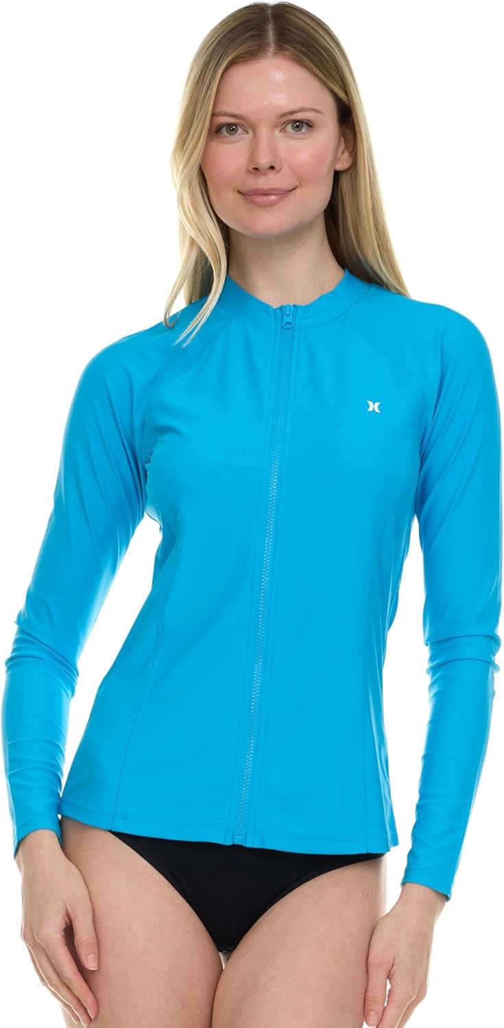 Hurley Rash Guard for Women Full Zip, Zip Up Long Sleeve Swim Shirts for Women, Surfing Top UPF 50+ SPF Sun & UV Protection(Turquoise)