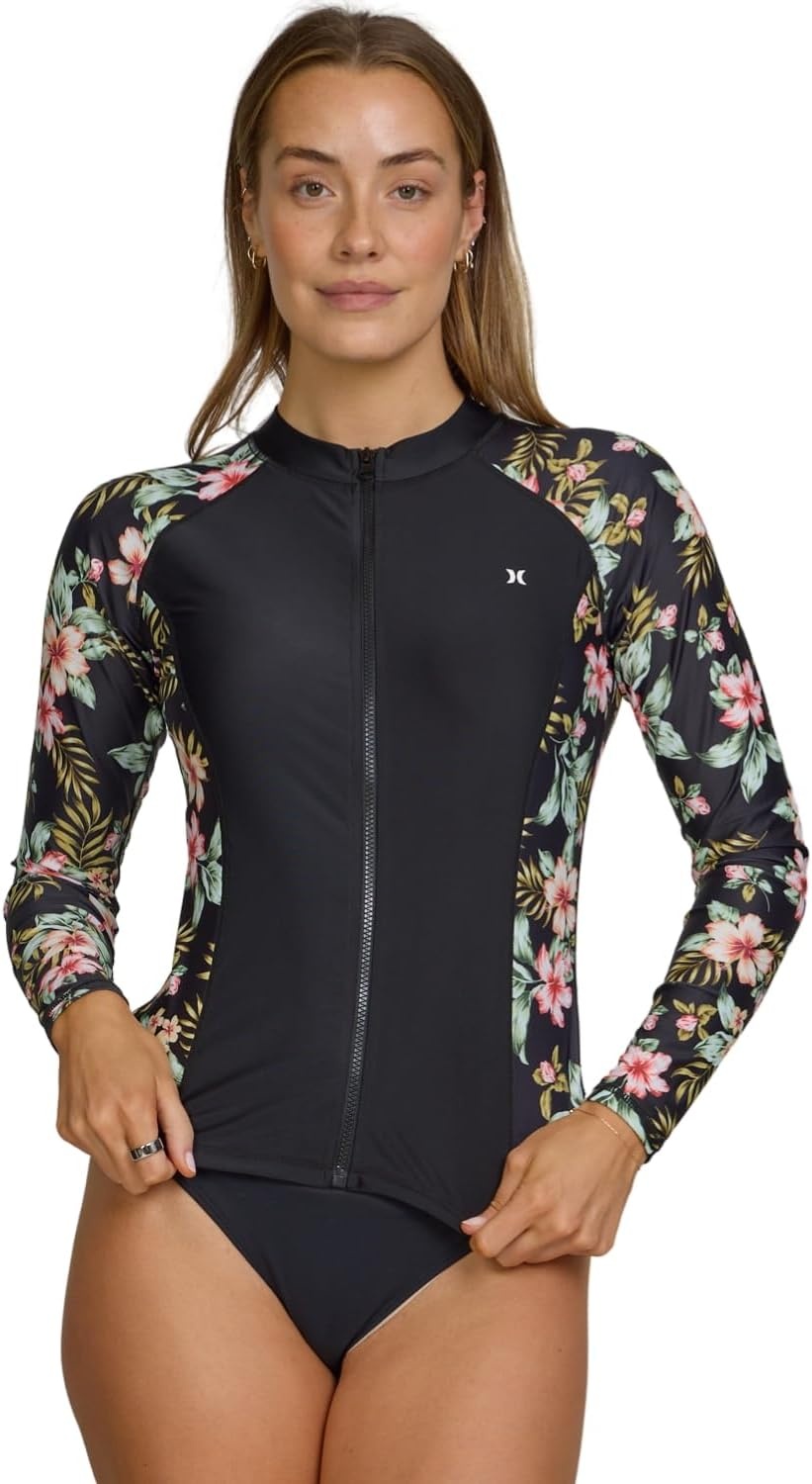 Hurley Rash Guard for Women Full Zip, Zip Up Long Sleeve Swim Shirts for Women, Surfing Top UPF 50+ SPF Sun & UV Protection(Vintage Tropics)