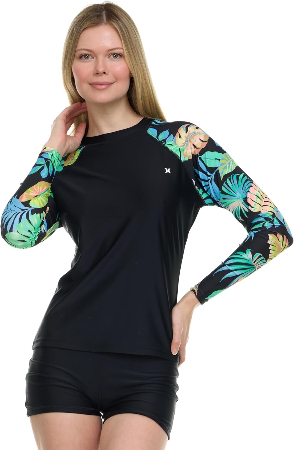 Hurley Womens Two Piece Rash Guard & Swim Shorts, Long Sleeve Swim Shirt, Quick Dry Swimsuits UPF 50+ SPF Sun & UV Protection(Black/Tropic)