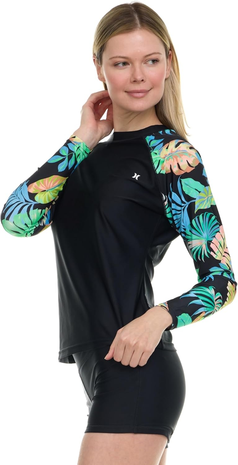 Hurley Womens Two Piece Rash Guard & Swim Shorts, Long Sleeve Swim Shirt, Quick Dry Swimsuits UPF 50+ SPF Sun & UV Protection(Black/Tropic)