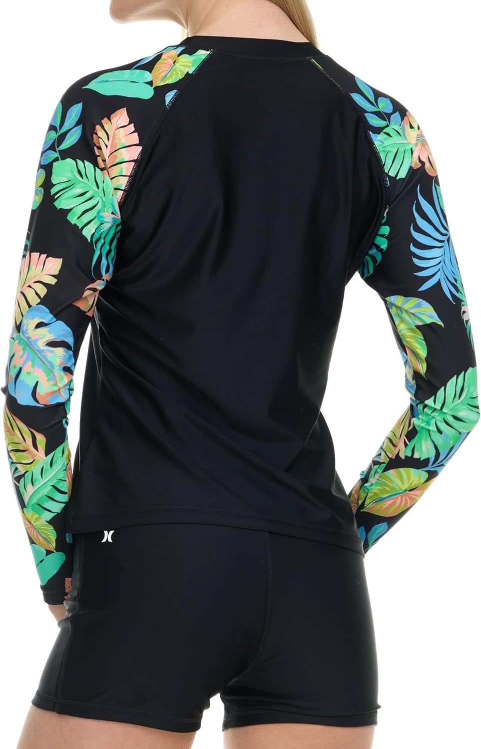 Hurley Womens Two Piece Rash Guard & Swim Shorts, Long Sleeve Swim Shirt, Quick Dry Swimsuits UPF 50+ SPF Sun & UV Protection(Black/Tropic)