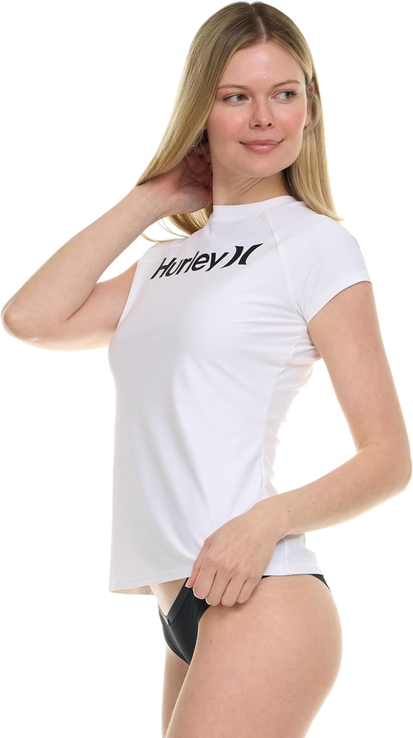Hurley Rash Guard for Women, Short Sleeve Swim Shirts for Women Rashguard, UPF 50+ SPF & UV Protection(White)