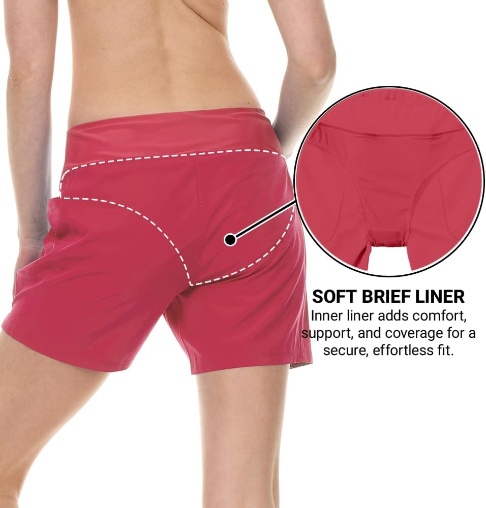 Hurley 5″/7″ High Waisted Swim Shorts Women, Board Shorts with Pockets & Inner Liner, Quick Dry Swim Trunk, UPF 50+(Cranberry)