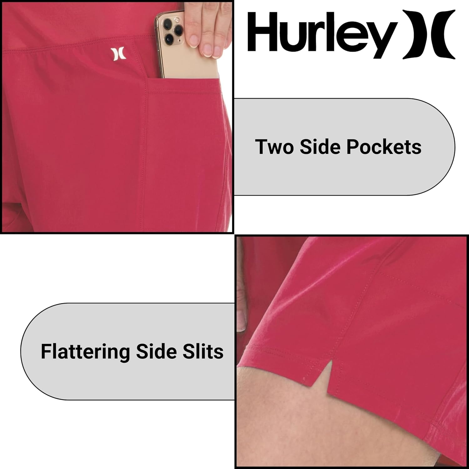 Hurley 5″/7″ High Waisted Swim Shorts Women, Board Shorts with Pockets & Inner Liner, Quick Dry Swim Trunk, UPF 50+(Cranberry)