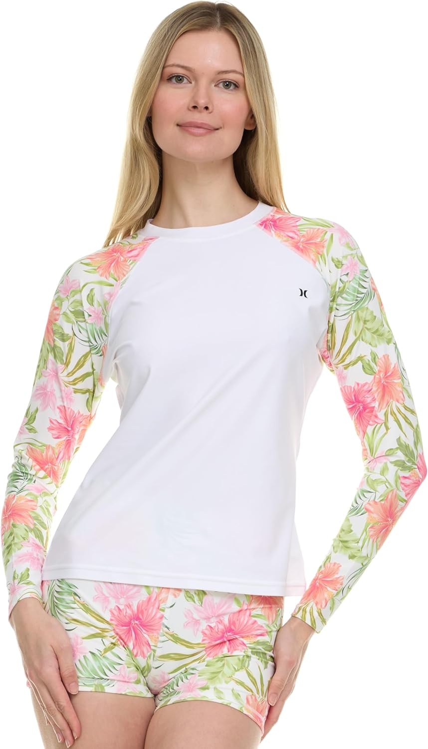 Hurley Womens Two Piece Rash Guard & Swim Shorts, Long Sleeve Swim Shirt, Quick Dry Swimsuits UPF 50+ SPF Sun & UV Protection(White/Tropic)