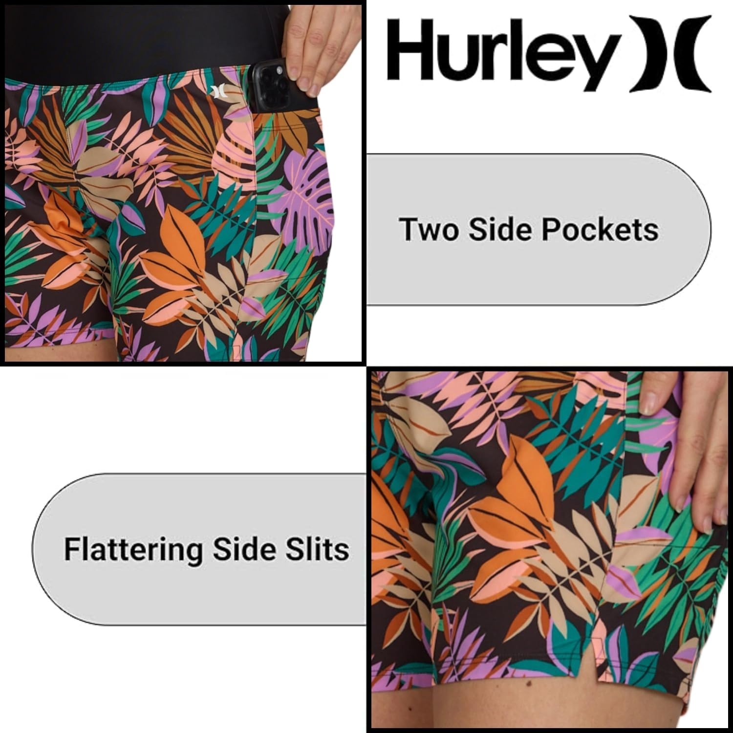 Hurley 5″/7″ High Waisted Swim Shorts Women, Board Shorts with Pockets & Inner Liner, Quick Dry Swim Trunk, UPF 50+(Kauaiwalk/Black)