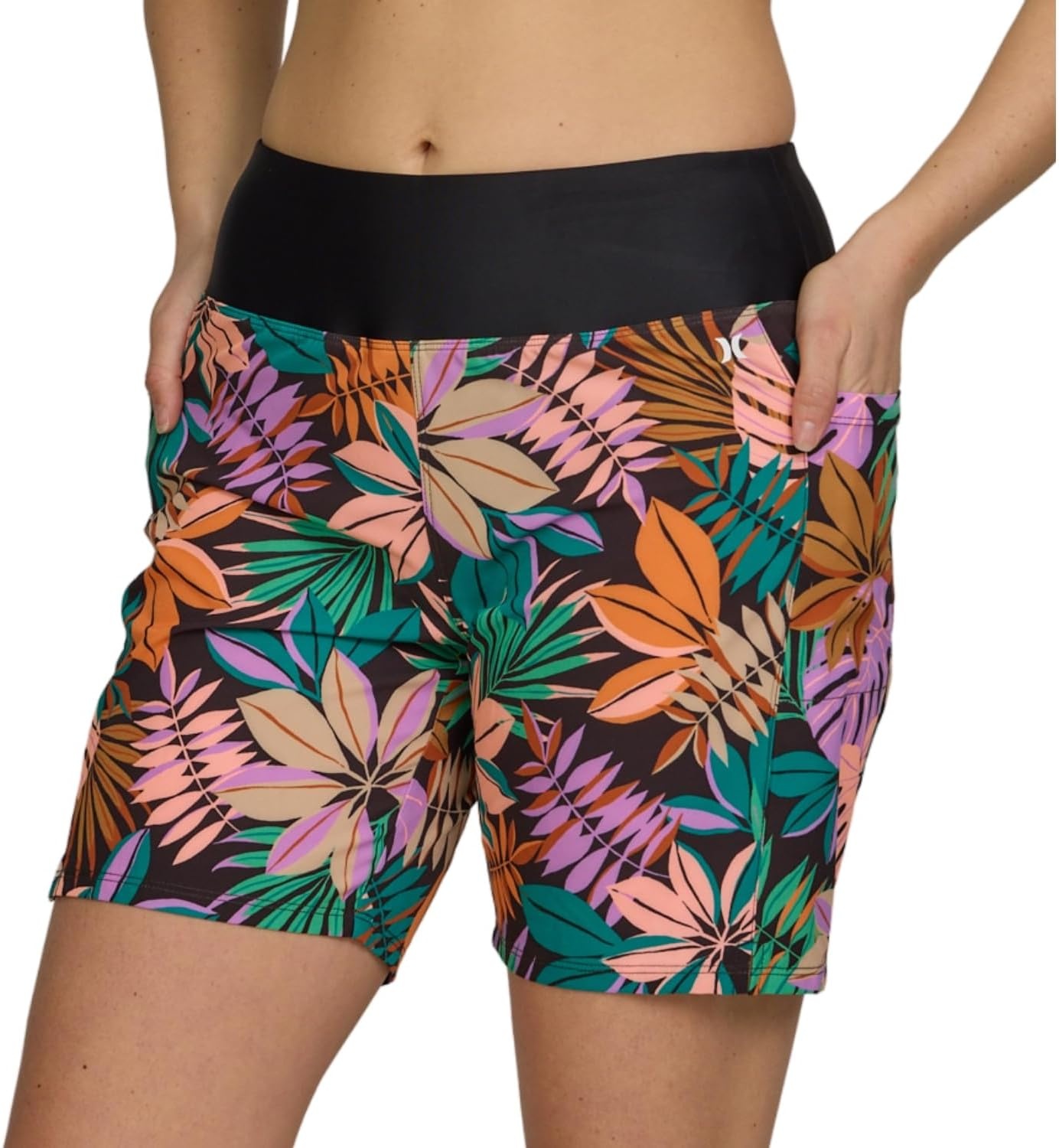 Hurley 5″/7″ High Waisted Swim Shorts Women, Board Shorts with Pockets & Inner Liner, Quick Dry Swim Trunk, UPF 50+(Kauaiwalk/Black)