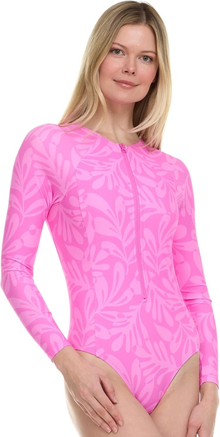 Hurley Long Sleeve Womens One Piece Swimsuits, Swimsuit for Women, Bathing Suit for Women, Swim Suit UPF 50+ SPF UV Protected(Pink Multi)