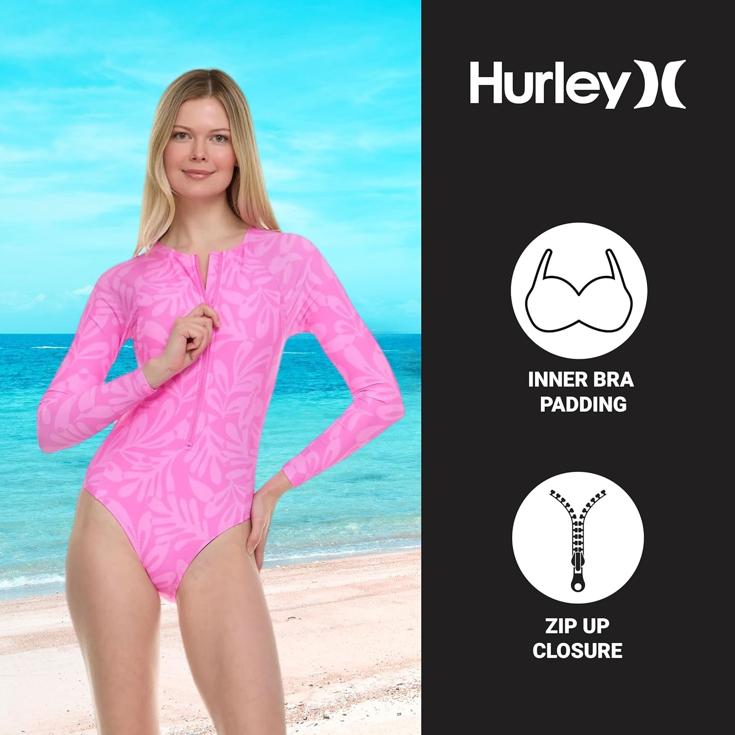 Hurley Long Sleeve Womens One Piece Swimsuits, Swimsuit for Women, Bathing Suit for Women, Swim Suit UPF 50+ SPF UV Protected(Pink Multi)