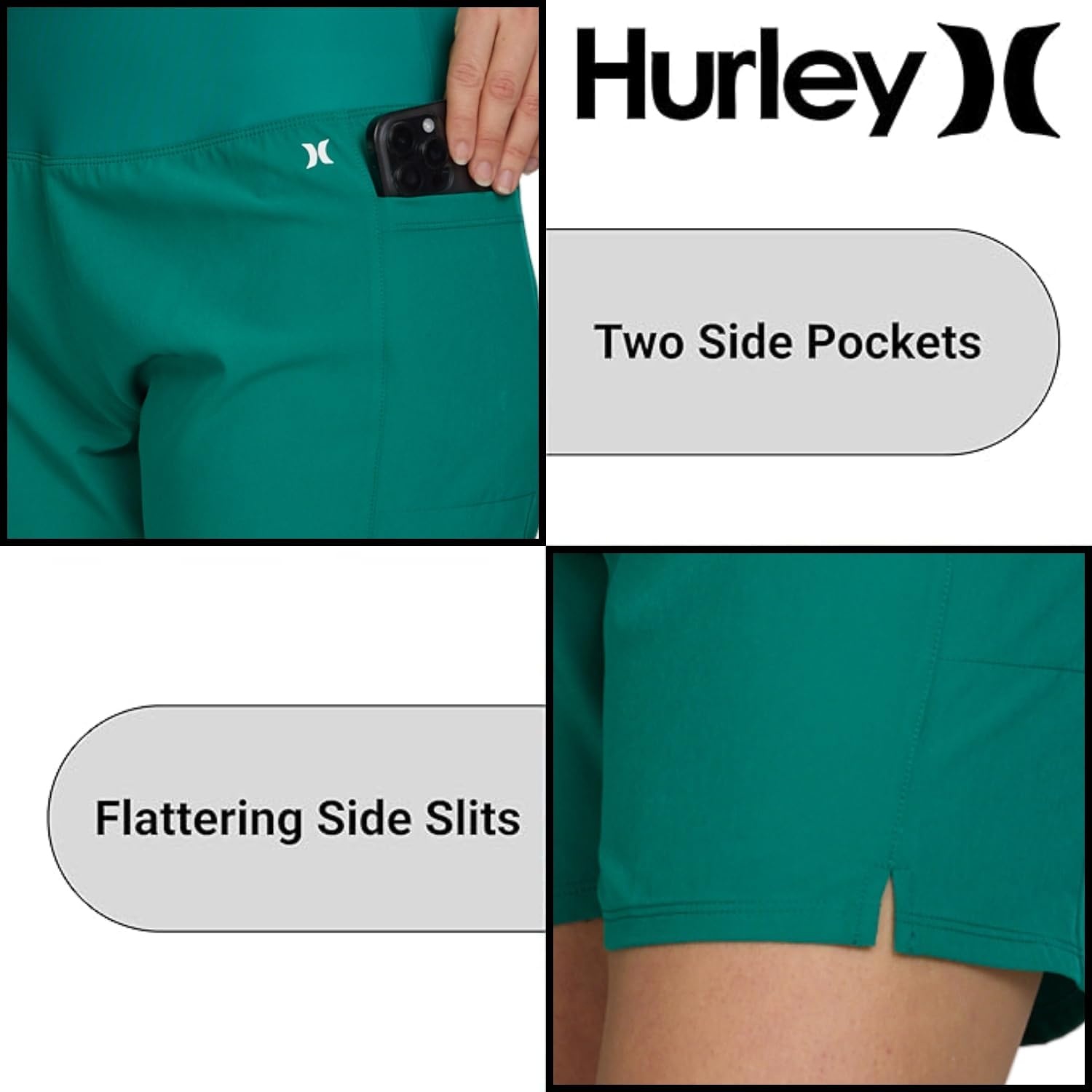 Hurley 5″/7″ High Waisted Swim Shorts Women, Board Shorts with Pockets & Inner Liner, Quick Dry Swim Trunk, UPF 50+(Greenocean)