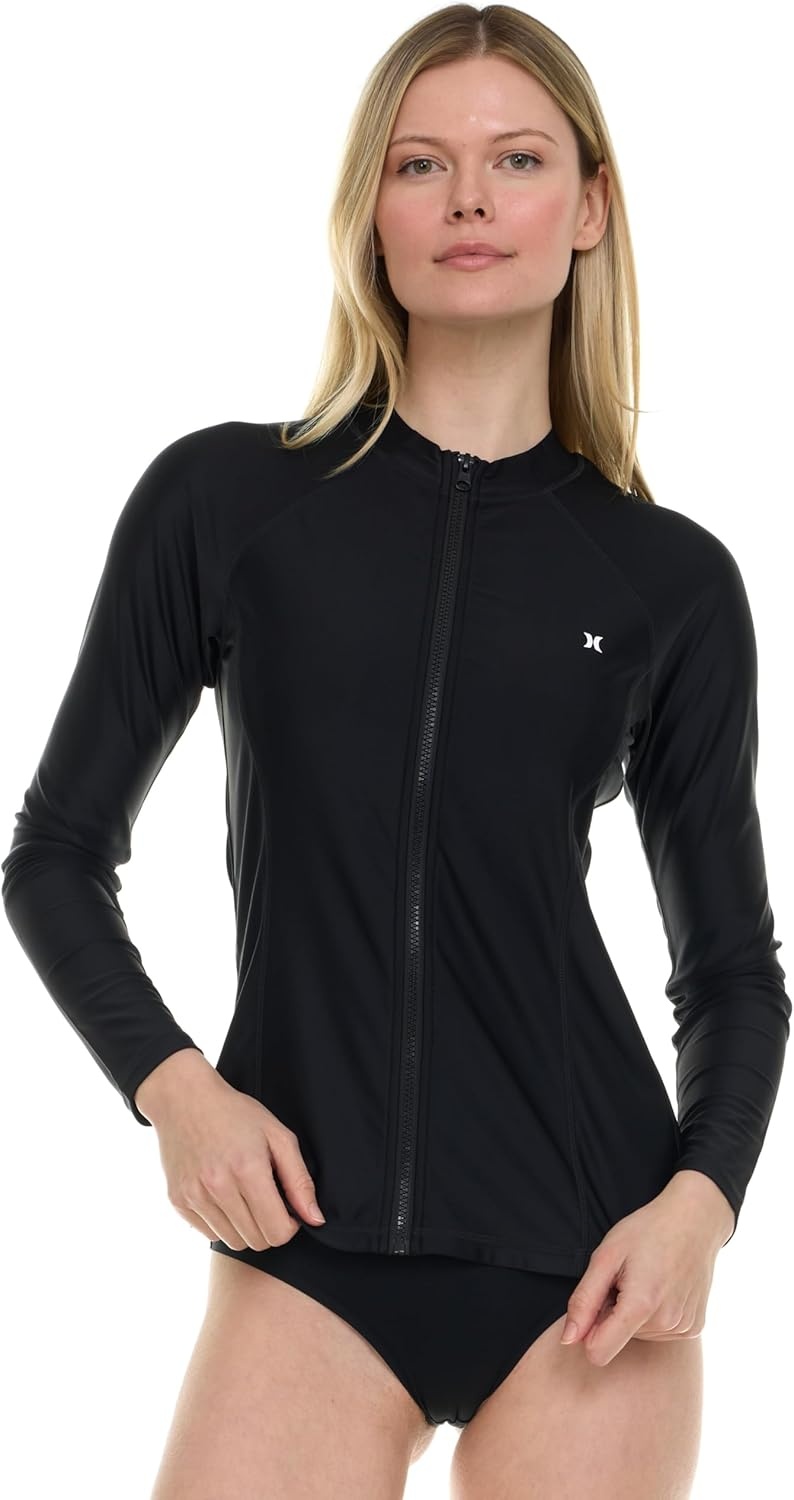 Hurley Rash Guard for Women Full Zip, Zip Up Long Sleeve Swim Shirts for Women, Surfing Top UPF 50+ SPF Sun & UV Protection(Black)