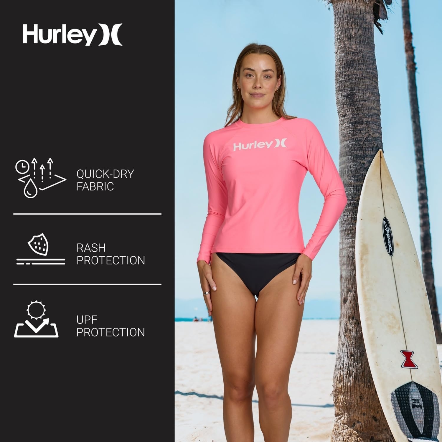 Hurley Rash Guard for Women, Womens Rash Guard Long Sleeve Shirts, Rashguard Swim Shirt Women UPF 50+ SPF & UV Protection(Zil Pink)