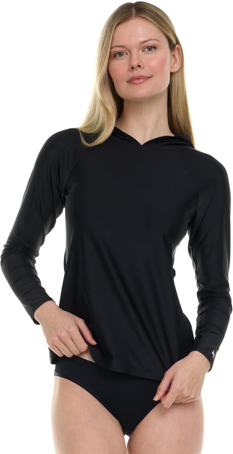 Hurley Rash Guard for Women with Hood, Long Sleeve Hoodie Swim Shirts for Women, Quick Dry UPF 50+ SPF Sun & UV Protection(Black)