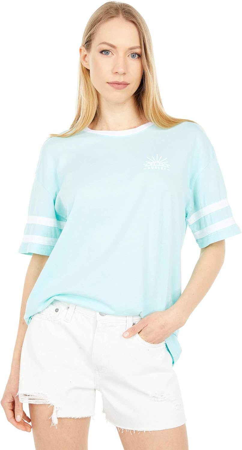 Hurley Womens Washed Oversized Varsity Boyfriend Crew(Light Dew)