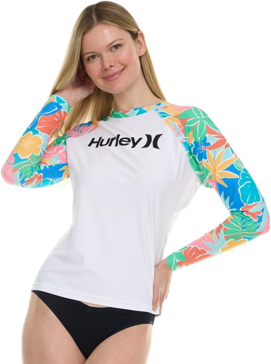Hurley Rash Guard for Women, Womens Rash Guard Long Sleeve Shirts, Rashguard Swim Shirt Women UPF 50+ SPF & UV Protection(White Multi)