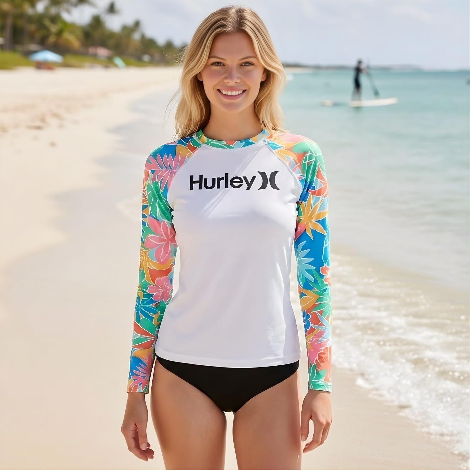 Hurley Rash Guard for Women, Womens Rash Guard Long Sleeve Shirts, Rashguard Swim Shirt Women UPF 50+ SPF & UV Protection(White Multi)