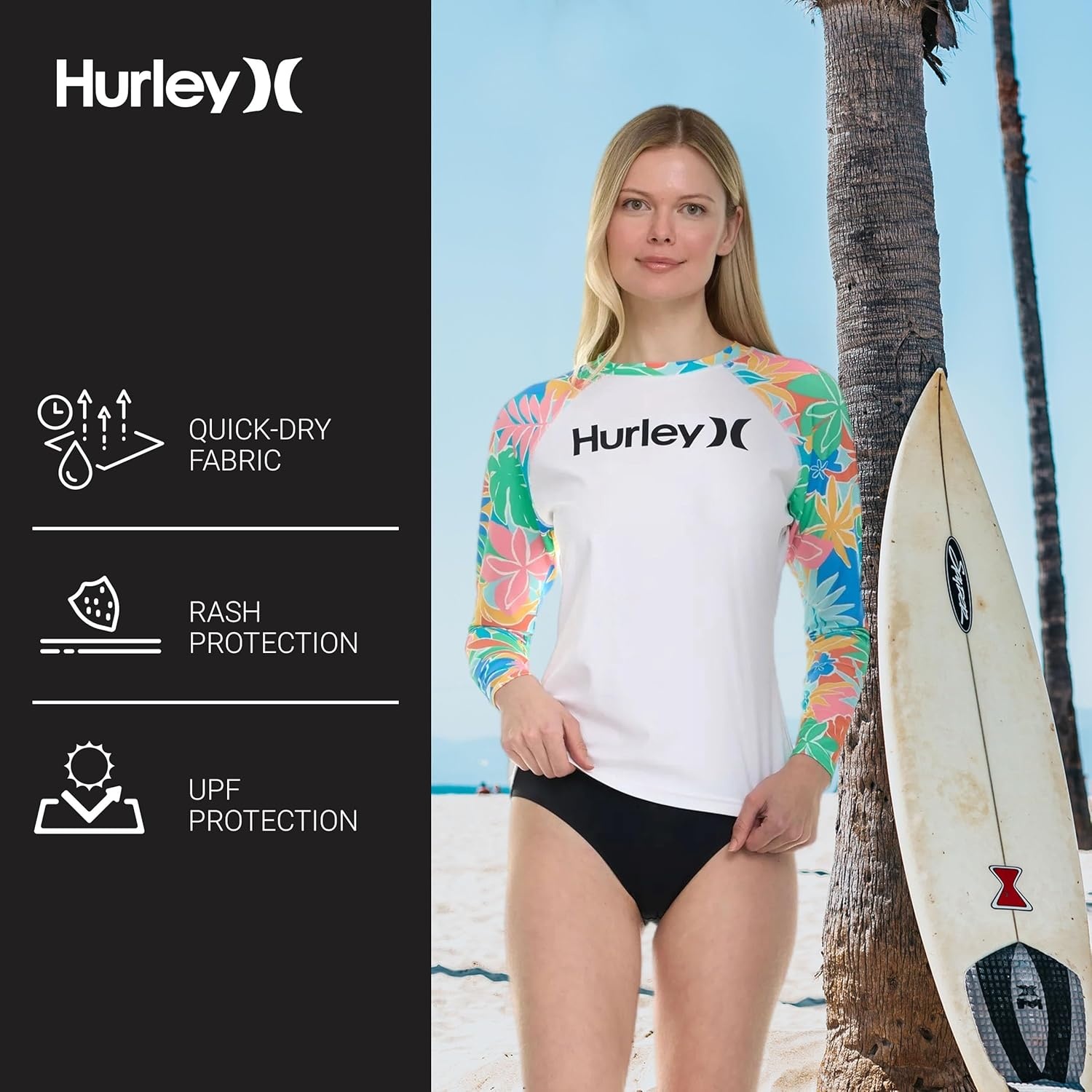 Hurley Rash Guard for Women, Womens Rash Guard Long Sleeve Shirts, Rashguard Swim Shirt Women UPF 50+ SPF & UV Protection(White Multi)
