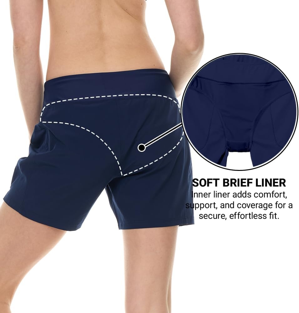 Hurley 5″/7″ High Waisted Swim Shorts Women, Board Shorts with Pockets & Inner Liner, Quick Dry Swim Trunk, UPF 50+(Navy)