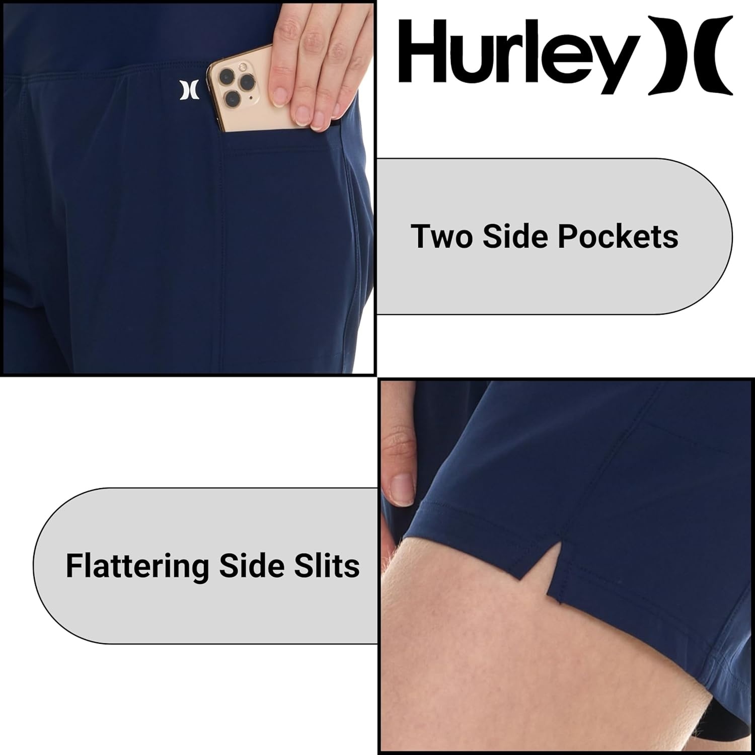 Hurley 5″/7″ High Waisted Swim Shorts Women, Board Shorts with Pockets & Inner Liner, Quick Dry Swim Trunk, UPF 50+(Navy)