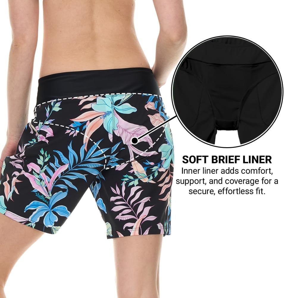 Hurley 5″/7″ High Waisted Swim Shorts Women, Board Shorts with Pockets & Inner Liner, Quick Dry Swim Trunk, UPF 50+(Black Multi)