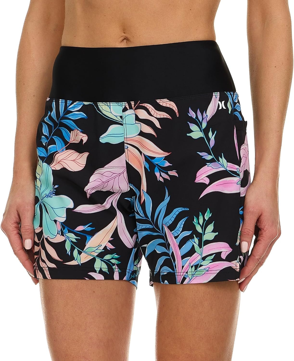 Hurley 5″/7″ High Waisted Swim Shorts Women, Board Shorts with Pockets & Inner Liner, Quick Dry Swim Trunk, UPF 50+(Black Multi)