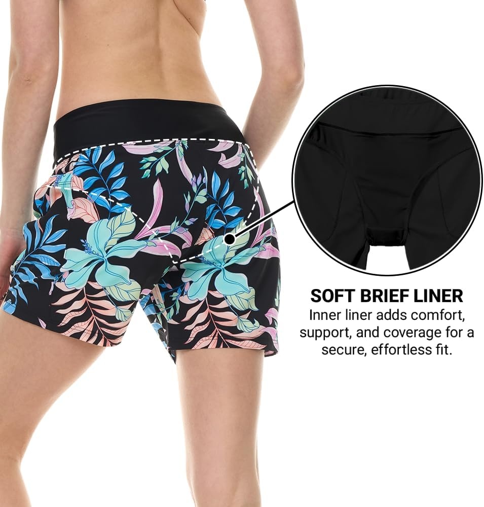 Hurley 5″/7″ High Waisted Swim Shorts Women, Board Shorts with Pockets & Inner Liner, Quick Dry Swim Trunk, UPF 50+(Black Multi)