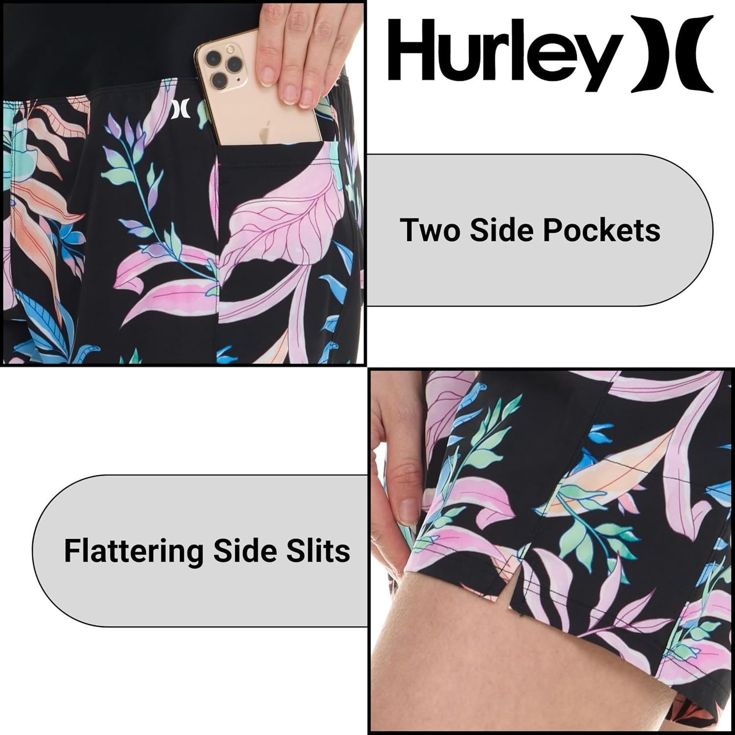 Hurley 5″/7″ High Waisted Swim Shorts Women, Board Shorts with Pockets & Inner Liner, Quick Dry Swim Trunk, UPF 50+(Black Multi)